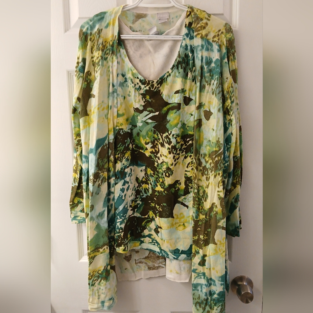 Chico’s Size 3 Green Watercolor Floral Tank & Cardigan Set – Abstract Print